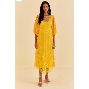 FARM Rio Guipure Midi Dress in Yellow Lace Yellow Small